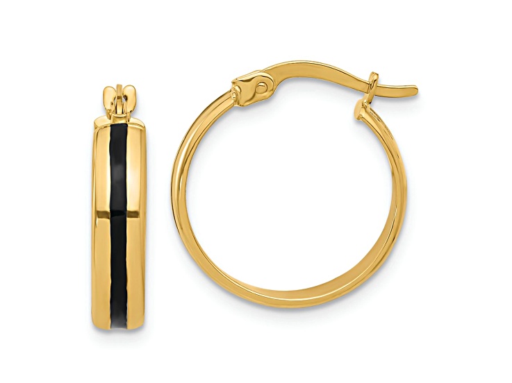 14k Yellow Gold 3/4 inch Polished Black Enamel Hoop Earrings