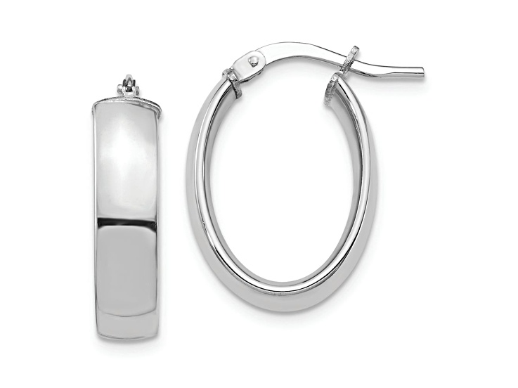 Rhodium Over 14k White Gold High Polished 13/16" Oval Hoop Earrings