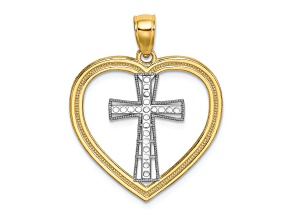 Rhodium Over 14K Two-tone Gold Heart with White Cross In Center Charm Pendant