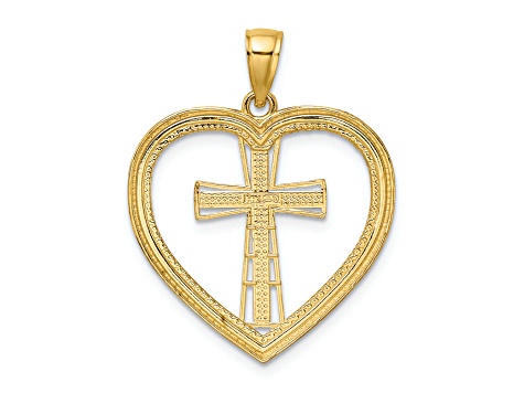 Rhodium Over 14K Two-tone Gold Heart with White Cross In Center Charm Pendant