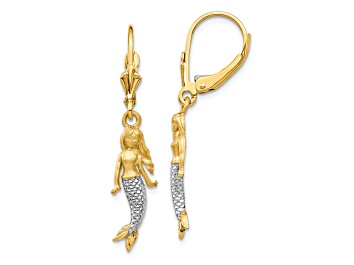Picture of 14k Yellow Gold and Rhodium Over 14k Yellow Gold Brushed Polished Mermaid Dangle Earrings