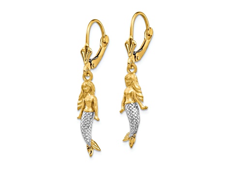 14k Yellow Gold and Rhodium Over 14k Yellow Gold Brushed Polished Mermaid Dangle Earrings
