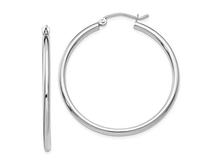 Rhodium Over 10k White Gold Polished 1 3/8" Tube Hoop Earrings
