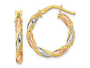 14k Yellow Gold and Rhodium Over 14k Yellow Gold 7/16" Textured Twisted Hoop Earrings
