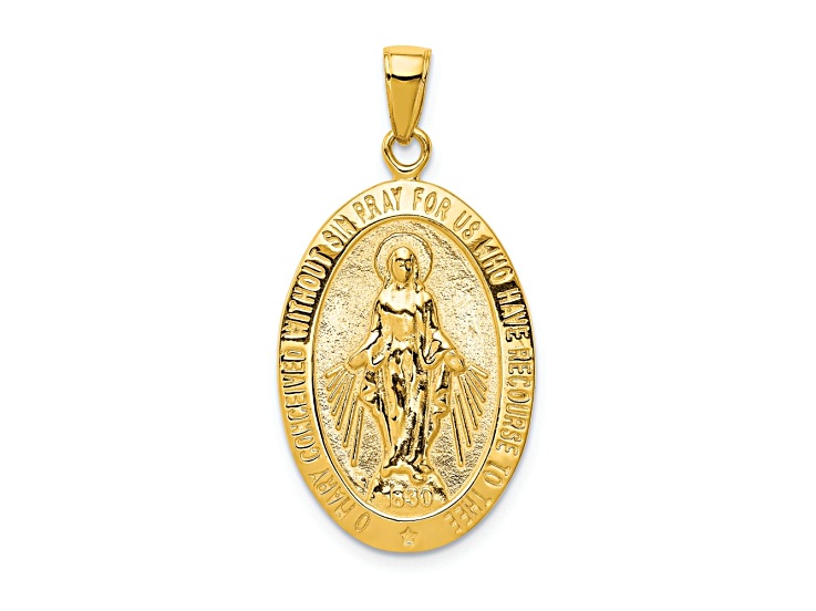 10K Yellow Gold Satin and Polished Miraculous Medal Pendant