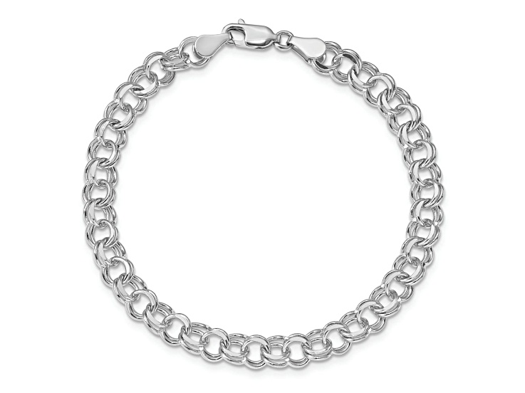 Rhodium Over 14k White Gold 6mm Diamond-Cut Double Link Charm Bracelet