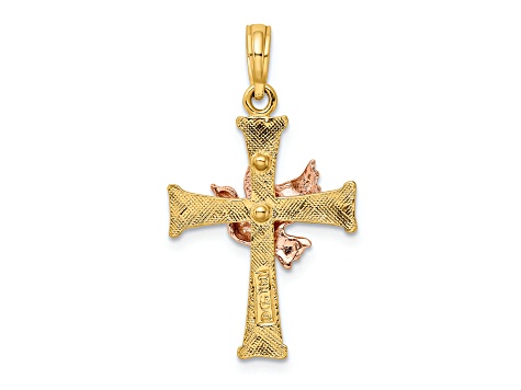 14K Yellow and Rose Gold Textured Finish Cross with Dove Charm