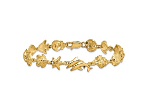 14k Yellow Gold Textured Nautical Combination with Dolphins Link Bracelet