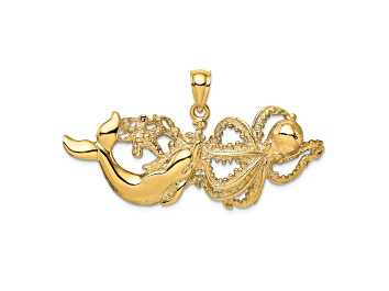 Picture of 14k Yellow Gold Polished Textured Dolphin and Octopus Pendant