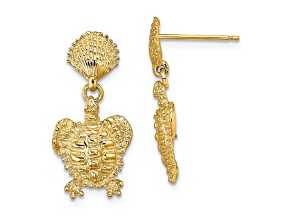 14K Yellow Gold Textured Shell and Turtle Dangle Earrings