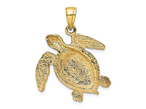 14k Yellow Gold Textured Swimming Sea Turtle Pendant