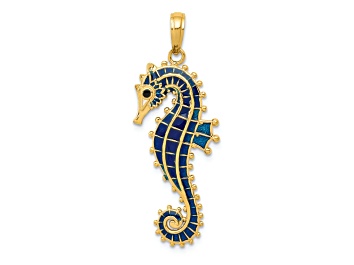 Picture of 14k Yellow Gold Blue Enameled 3D Textured Seahorse Pendant
