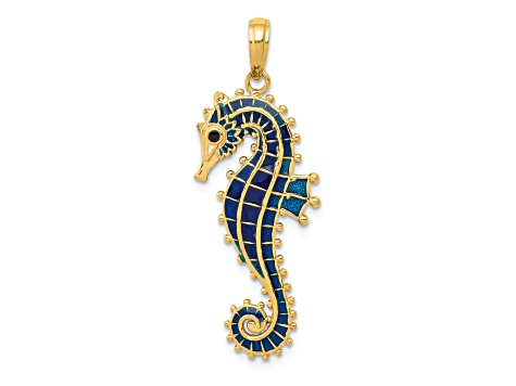 14k Yellow Gold Blue Enameled 3D Textured Seahorse Pendant