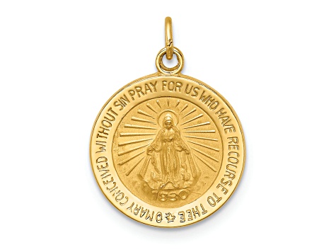 14K Yellow Gold Solid Polished and Satin Round Miraculous Medal Pendant