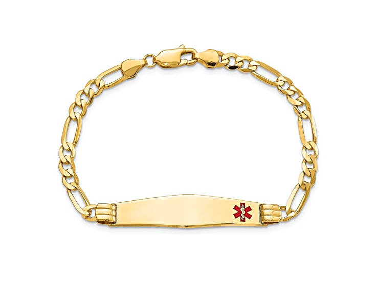 14k Yellow Gold Medical Soft Diamond Shape Red Enamel Figaro Link ID Bracelet