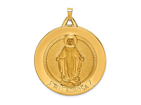 14k Yellow Gold Polished and Satin Large Raised Round Milagrosa Medal Pendant