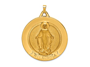 14k Yellow Gold Polished and Satin Large Raised Round Milagrosa Medal Pendant