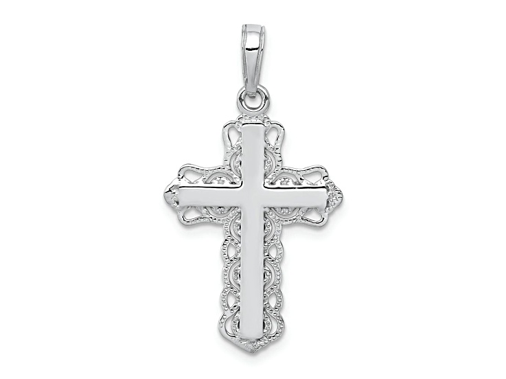 Rhodium Over 14k White Gold Lace Trim Cross Pendant