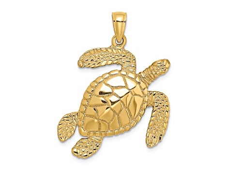 14k Yellow Gold Large Textured Swimming Sea Turtle Charm