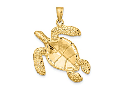 14k Yellow Gold Large Textured Swimming Sea Turtle Charm