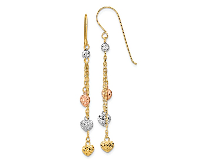 14k Yellow Gold, 14k White Gold and 14k Rose Gold Diamond-Cut Triple Heart Dangle Earrings