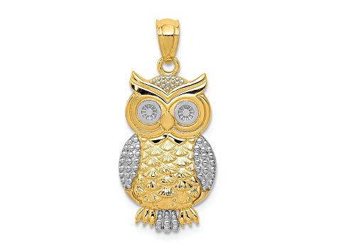 14K Two-tone Gold Polished and Textured Owl Pendant