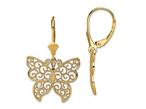 14K Yellow Gold Textured Butterfly with Beaded Filigree Wings Dangle Earrings
