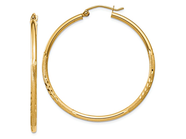 10k Yellow Gold Satin and Diamond-Cut 1 9/16" Round Tube Hoop Earrings