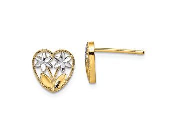 Picture of 14K Yellow Gold and Rhodium Over 14K Yellow Gold Diamond-Cut Flower and Heart Stud Earrings