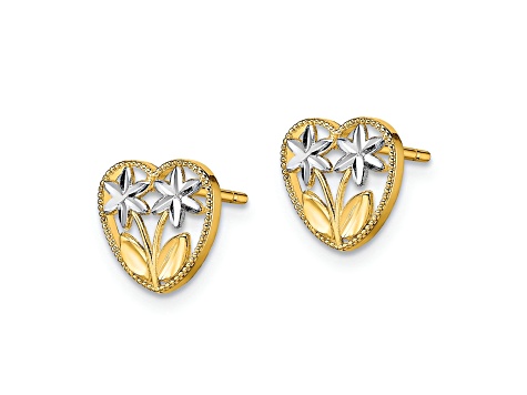 14K Yellow Gold and Rhodium Over 14K Yellow Gold Diamond-Cut Flower and Heart Stud Earrings