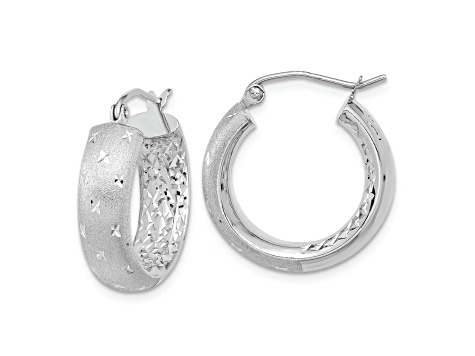 Rhodium Over 14k White Gold 13/16" Polished, Satin and Diamond-cut In/Out Hoop Earrings