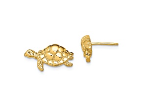 14K Yellow Gold Polished and Textured Swimming Sea Turtle Stud Earrings