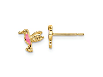 Picture of 14K Yellow Gold Pink Enameled Hummingbird Stud Earrings