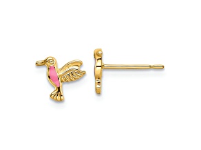 14K Yellow Gold Pink Enameled Hummingbird Stud Earrings