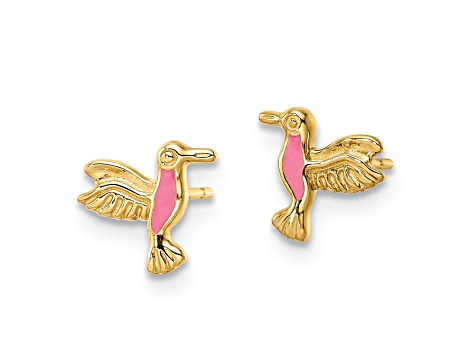 14K Yellow Gold Pink Enameled Hummingbird Stud Earrings