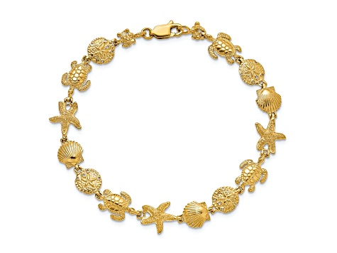 14k Yellow Gold Textured Turtle, Sand Dollar, Shell and Starfish Link Bracelet