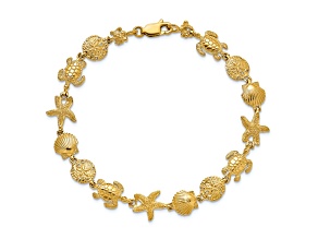 14k Yellow Gold Textured Turtle, Sand Dollar, Shell and Starfish Link Bracelet