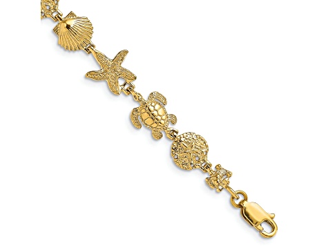 14k Yellow Gold Textured Turtle, Sand Dollar, Shell and Starfish Link Bracelet