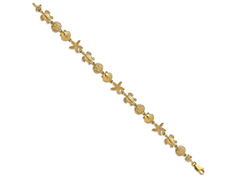 14k Yellow Gold Textured Turtle, Sand Dollar, Shell and Starfish Link Bracelet