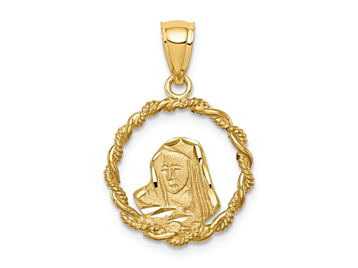 14k Yellow Gold Brushed and Polished Diamond-Cut Virgin Mary Pendant