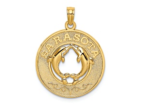 14k Yellow Gold Textured Sarasota with Dolphins Circle Charm