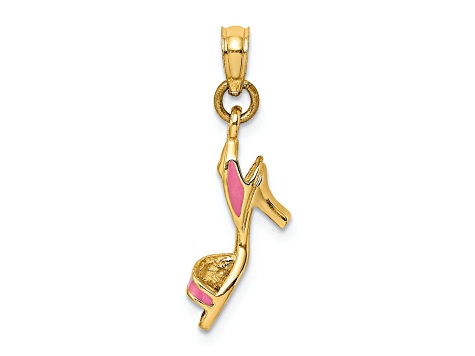14k Yellow Gold Textured Pink Enameled 3D Open Toe High Heel Charm