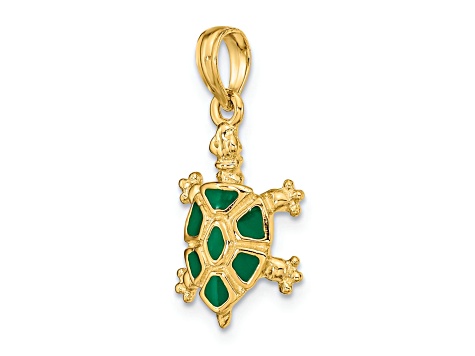 14K Yellow Gold with Green Enamel Land Turtle Charm