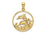 14k Yellow Gold Textured Double Dolphins In Circle Charm