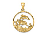 14k Yellow Gold Textured Double Dolphins In Circle Charm