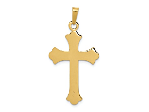 14K Yellow Gold Textured and Polished Fleur De Lis Cross Pendant