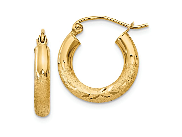 14k Yellow Gold Satin and Diamond-cut 5/8" Round Hoop Earrings