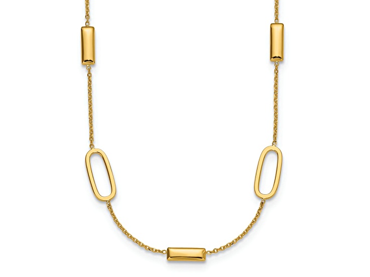 14k Yellow Gold Polished Elongated Oval and Bar Cable Link 16 Inch Necklace