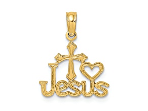 14k Yellow Gold Textured Jesus with Cross and Heart Charm