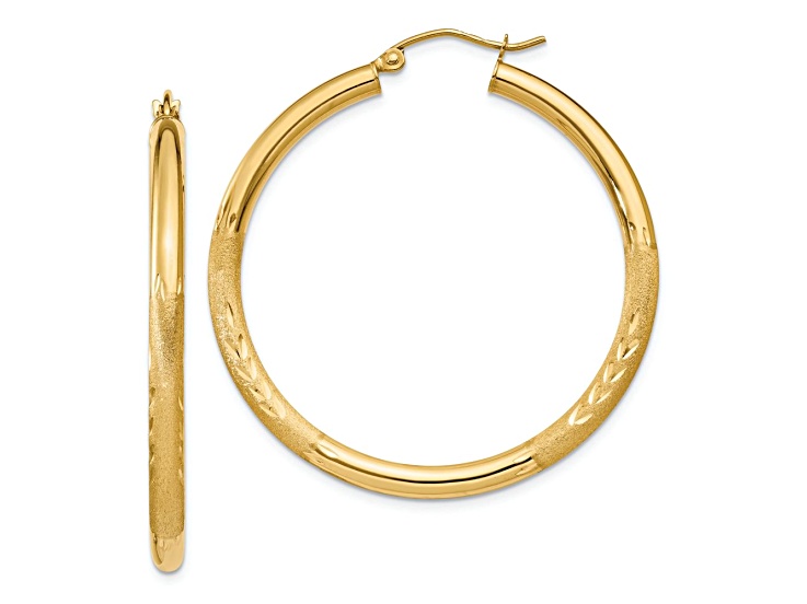 14k Yellow Gold Satin and Diamond-cut 1 9/16" Round Hoop Earrings